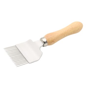 Entdeckelungsgabel für Imker mit geraden Edelstahlnadeln und rundem Holzgriff zum Entdeckeln von Honigwaben bei der Honigernte. Leichtes, robustes und handliches Imkerwerkzeug aus Edelstahl und Holz.