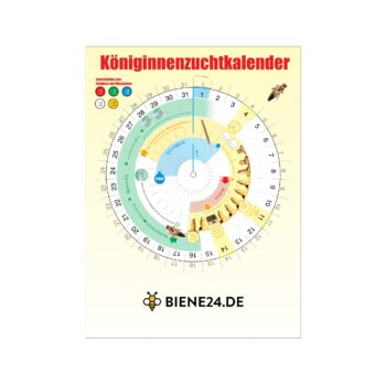 raktischer Königinnen-Zuchtkalender mit Termin-Drehscheibe und verständlicher Anleitung zur Königinnenzucht. Ideal für Anfänger und erfahrene Imker. Farbig gestaltet, übersichtliches Format ca. 28 × 21 cm – perfekt für die erfolgreiche Planung der Königinnenzucht.