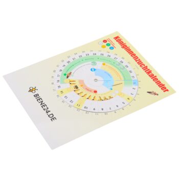 Praktischer Königinnen-Zuchtkalender mit Termin-Drehscheibe und verständlicher Anleitung zur Königinnenzucht. Ideal für Anfänger und erfahrene Imker. Farbig gestaltet, übersichtliches Format ca. 28 × 21 cm – perfekt für die erfolgreiche Planung der Königinnenzucht.