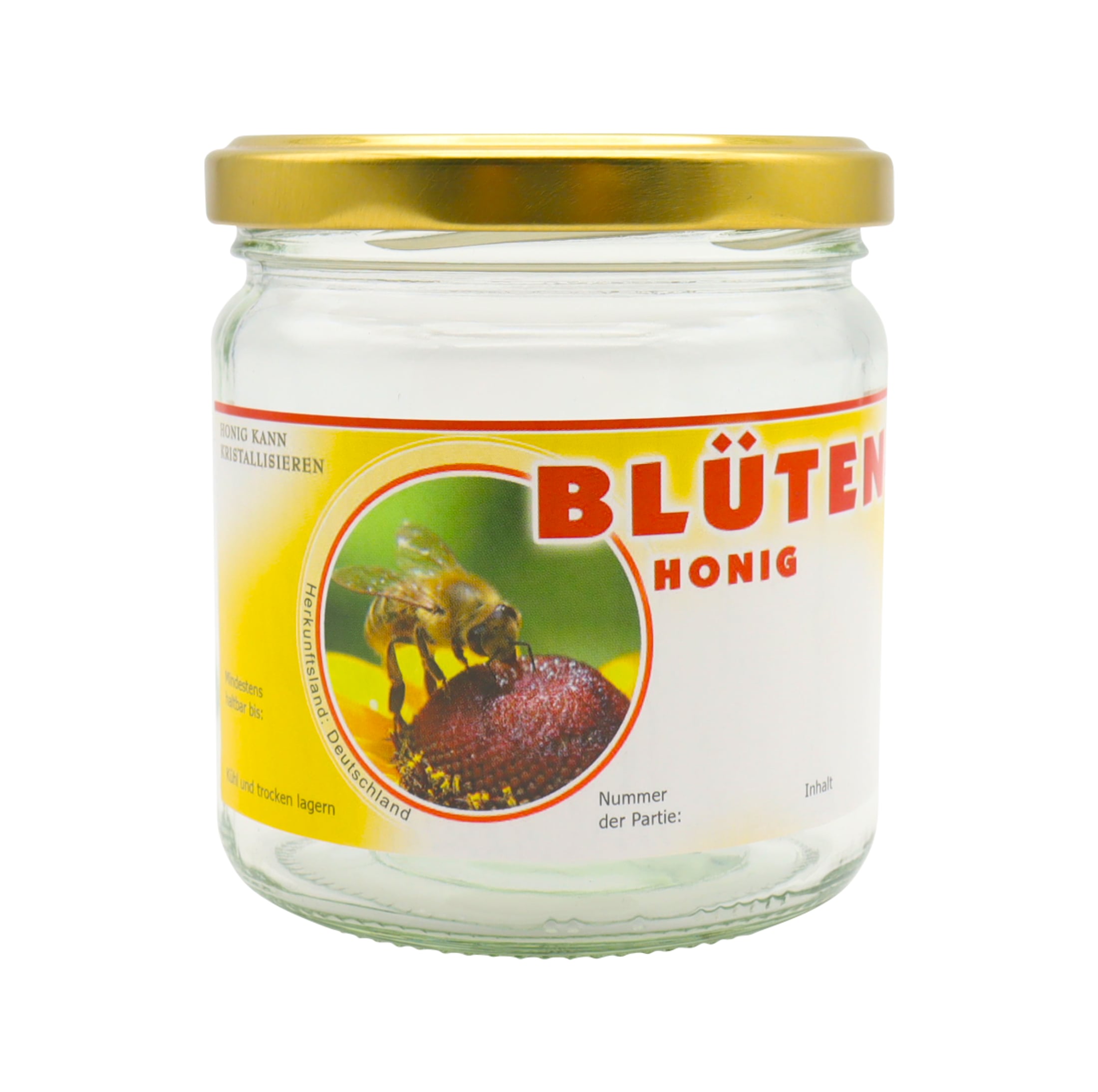 Blütenhonig Etikett im am Glas.