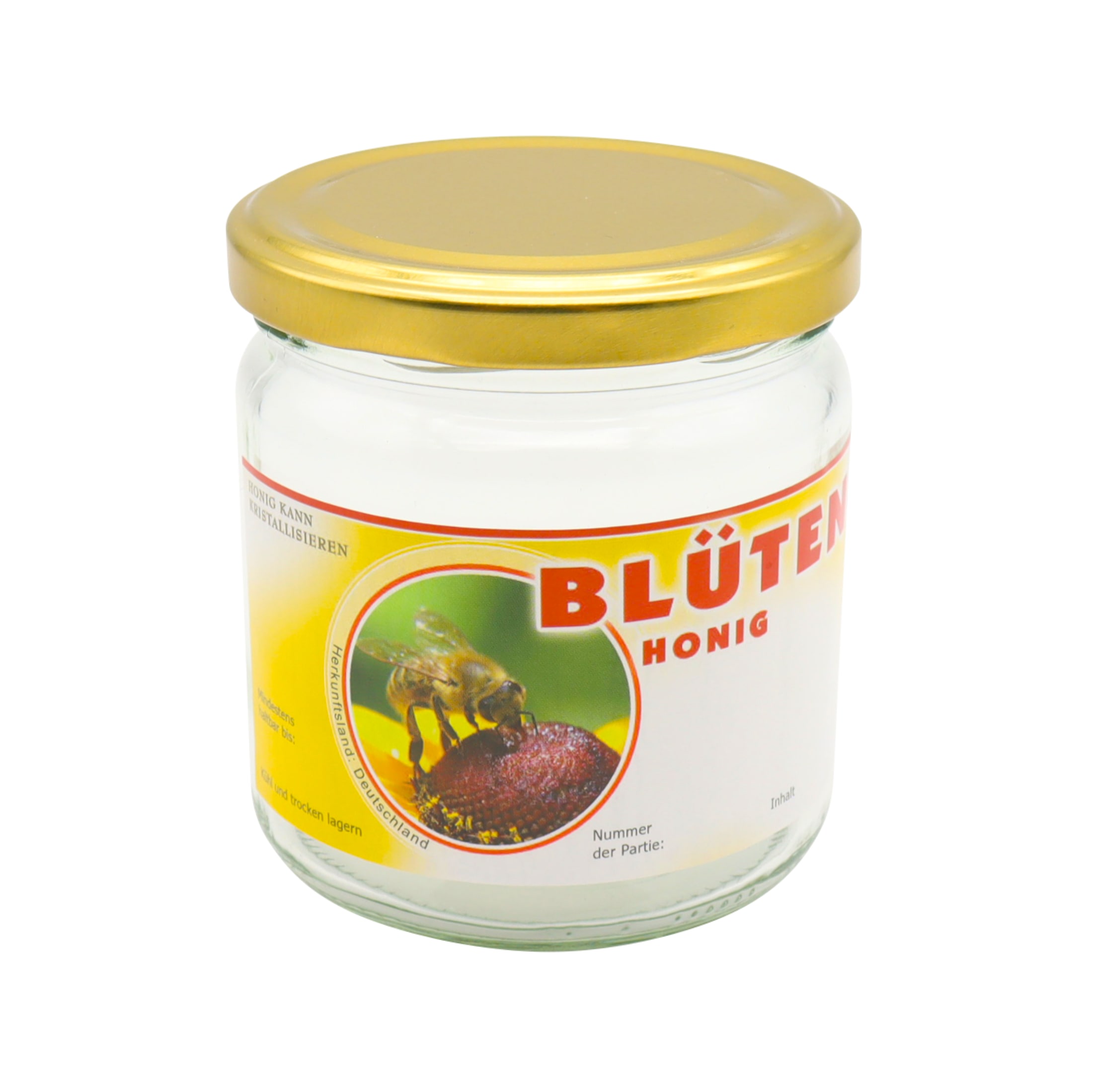 Blütenhonig Etikett im am Glas.