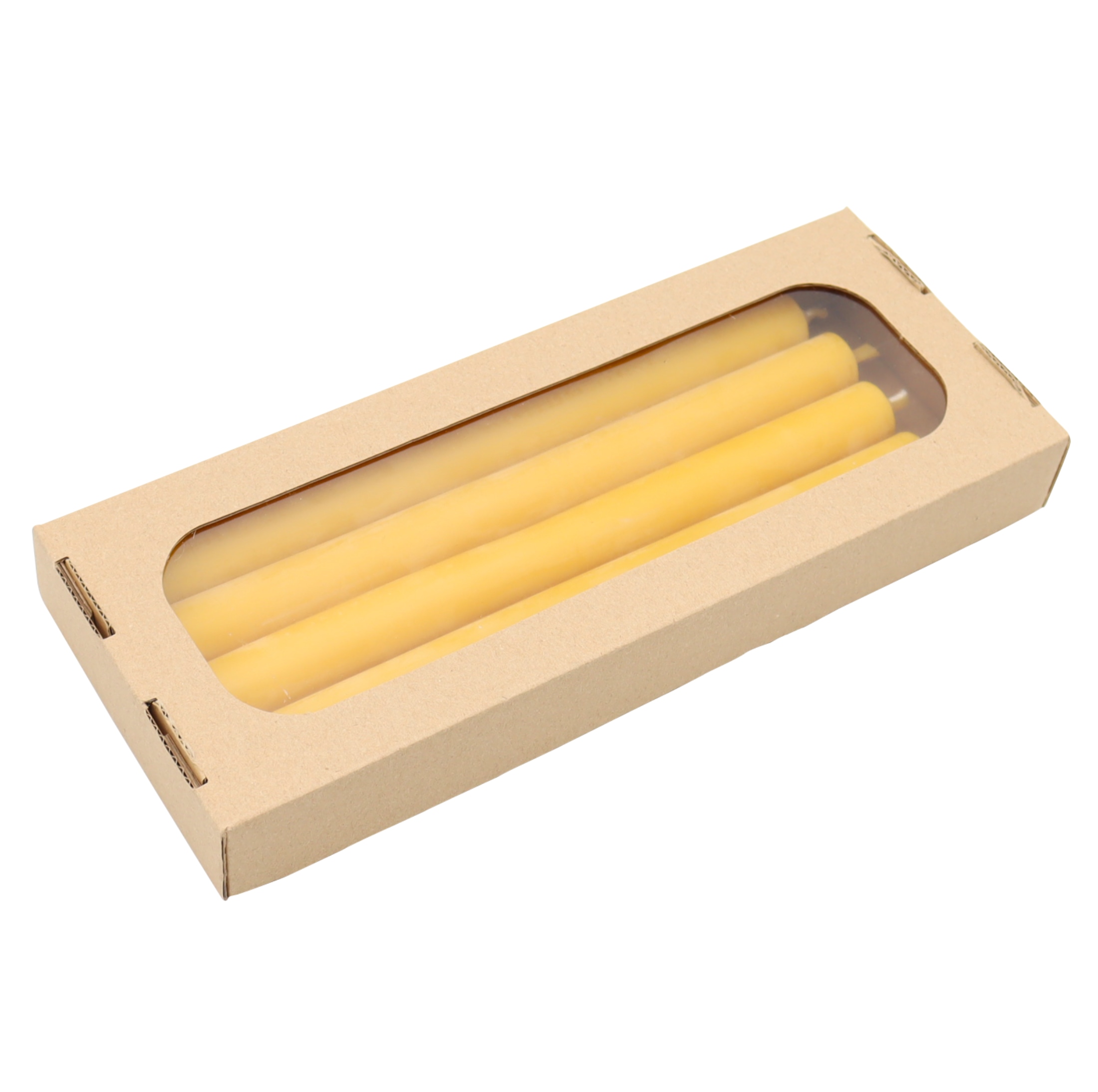 Bienenwachskerzen 4er Set aus natürlichem Bienenwachs mit Baumwolldocht, goldgelber Farbe und dezentem Honigduft. Handgefertigte Kerzen für Adventskranz, Weihnachtsdekoration und gemütliche Abende, im braunen Geschenkkarton mit Sichtfenster.