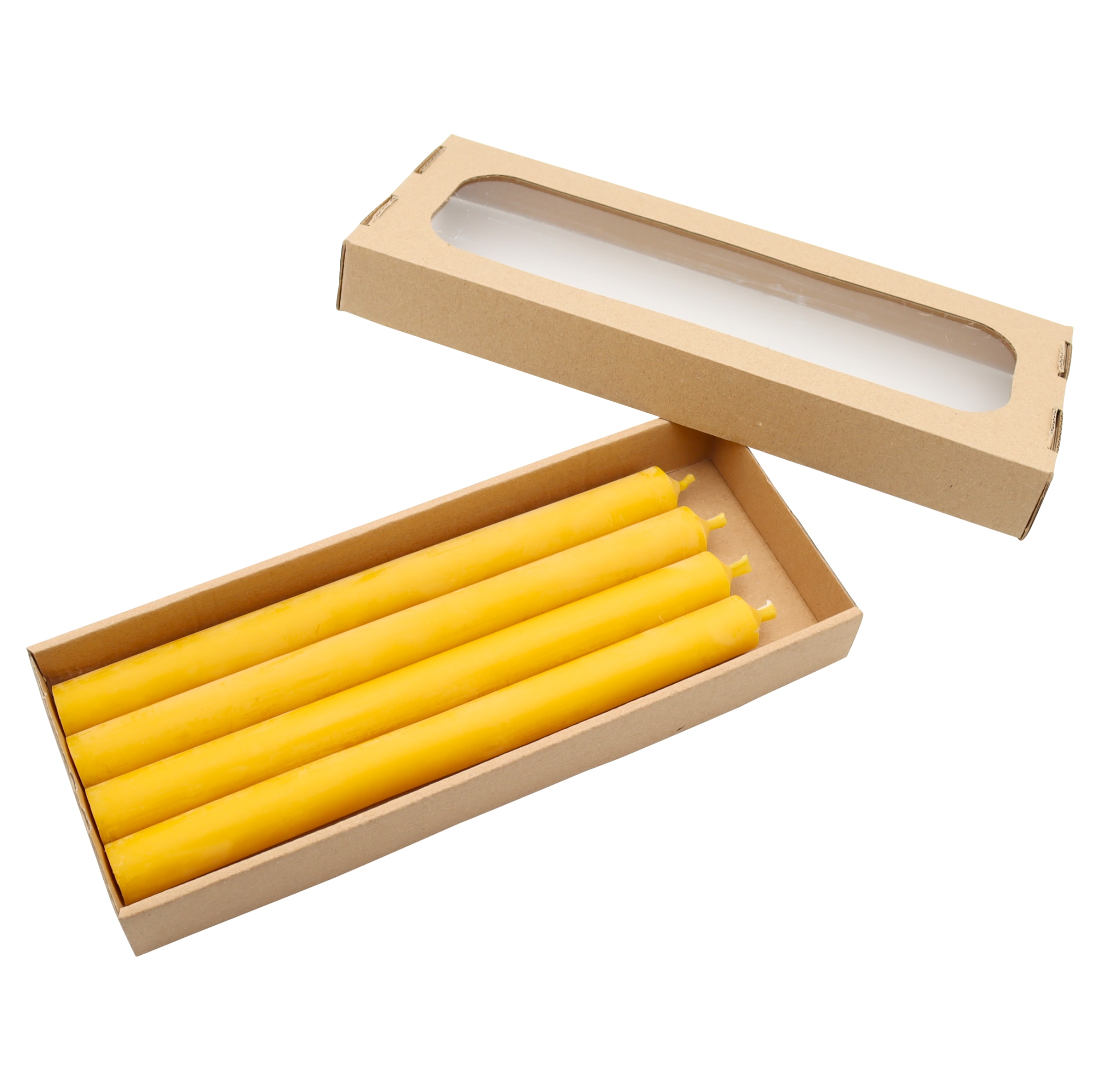 Bienenwachskerzen 4er Set aus natürlichem Bienenwachs mit Baumwolldocht, goldgelber Farbe und dezentem Honigduft. Handgefertigte Kerzen für Adventskranz, Weihnachtsdekoration und gemütliche Abende, im braunen Geschenkkarton mit Sichtfenster.