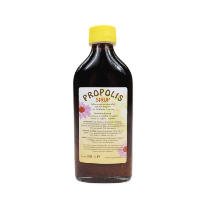 Propolis Sirup 20 ml Nahrungsergänzungsmittel mit Honig, Zuckerrohrsirup, Kiefernextrakt, Propolis, Sonnenhut, Salbei und Süßholz, Immunsystem, hilft bei Halsschmerzen und Atemwegserkrankungen, Hausapotheke