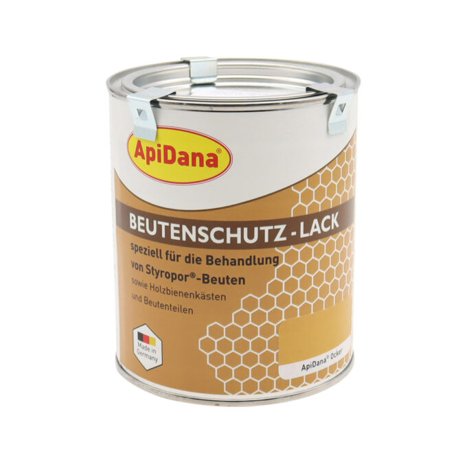 Beutenschutz-Lack 750 ml in Ockerbraun – hochwertiger, wetter- und UV-beständiger Schutzanstrich auf Wachs- und Acrylbasis für Holz- und Styroporbeuten. Diffusionsfähig, schnelltrocknend, bienenverträglich und umweltschonend. Ideal für Deckel, Böden und Beutenteile. Made in Germany.