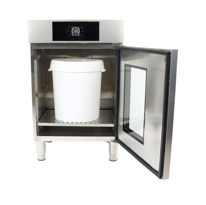 Hochwertiger Honig-Wärmeschrank aus rostfreiem Edelstahl mit Thermoverglasung, digitaler Sensor-Touch-Steuerung und präziser Temperaturregelung von 25°C bis 80°C. Gleichmäßige Warmluft-Umwälzung, robuste Isolierung und verstellbares Zwischenbord für optimale Honigverarbeitung und Lagerung.