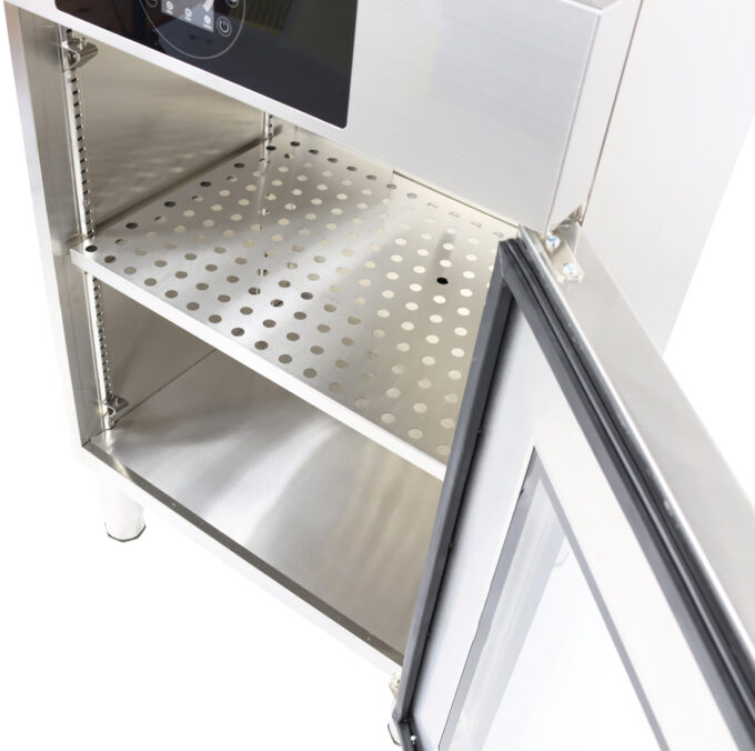Hochwertiger Honig-Wärmeschrank aus rostfreiem Edelstahl mit Thermoverglasung, digitaler Sensor-Touch-Steuerung und präziser Temperaturregelung von 25°C bis 80°C. Gleichmäßige Warmluft-Umwälzung, robuste Isolierung und verstellbares Zwischenbord für optimale Honigverarbeitung und Lagerung.
