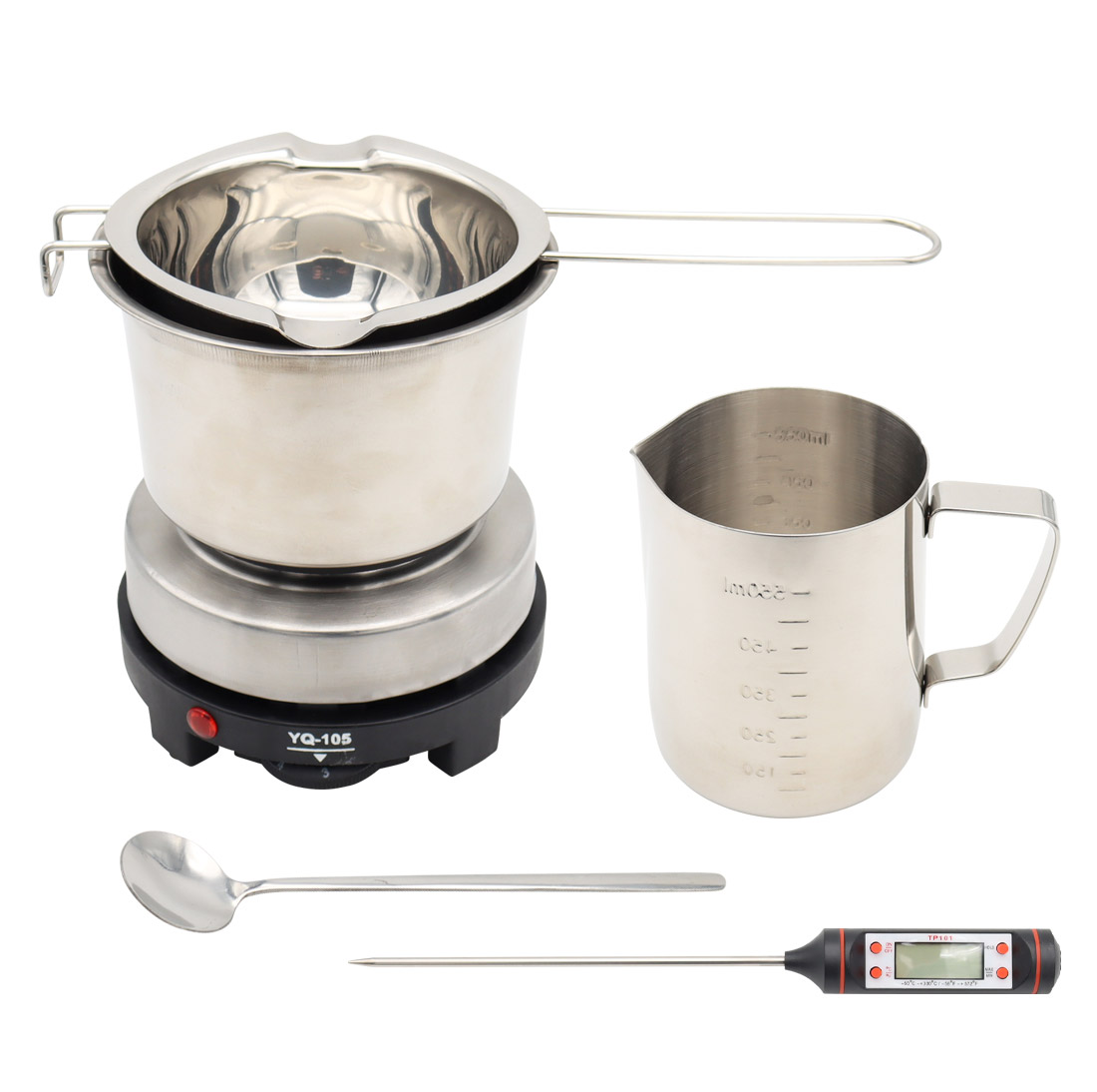 Dieses hochwertige Set aus Edelstahl ist ideal für die Kerzenherstellung und das Schmelzen von Bienenwachs im Wasserbad. Es ermöglicht ein präzises Schmelzen und Gießen von Wachs bei kontrollierter Temperatur, sodass perfekte Ergebnisse garantiert sind. Dank seiner praktischen Ausstattung eignet sich das Set optimal für die Herstellung von Kerzen in kleinen bis mittleren Mengen. Das kompakte und benutzerfreundliche Design macht es sowohl für den häuslichen Gebrauch als auch für professionelle Anwendungen zur idealen Wahl.