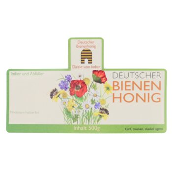 Selbstklebende Honigglas-Etiketten für 500-g-Gläser in Rot mit dem Aufdruck „Deutscher Bienenhonig“. Ideal für Imker, die ihre Honiggläser professionell und ansprechend gestalten möchten. Ohne Sortenbezeichnung, flexibel einsetzbar und perfekt für hochwertige, regionale Honigprodukte. 100 Stück pro Packung.