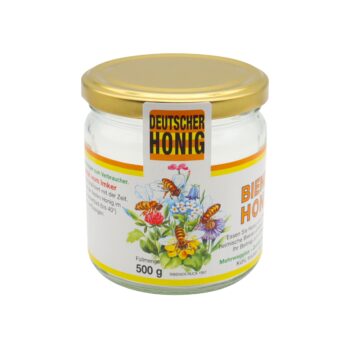 Selbstklebende Blumenwiesen-Etiketten für 500-g-Honiggläser mit Deckellasche und dem Aufdruck „Deutscher Bienenhonig“. Ideal für Imker, die hochwertige, flexible und professionell gestaltete Etiketten ohne Sortenbezeichnung suchen. 100 Stück auf Rolle – perfekt für effizientes und sauberes Etikettieren.