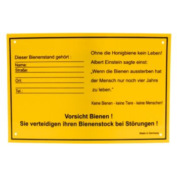 Robustes Warn- und Infoschild für den Bienenstand aus 1 mm PVC mit lichtfestem Druck. Witterungsbeständig, gut sichtbar und ideal zur klaren Kennzeichnung von Bienenstöcken im Außenbereich. Perfekt für Imker, die Sicherheit und professionelle Beschilderung wünschen.