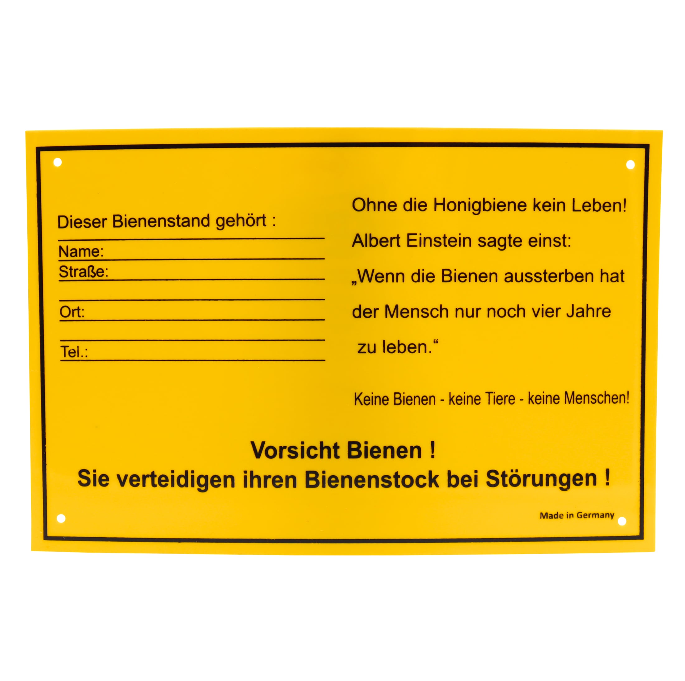 Robustes Warn- und Infoschild für den Bienenstand aus 1 mm PVC mit lichtfestem Druck. Witterungsbeständig, gut sichtbar und ideal zur klaren Kennzeichnung von Bienenstöcken im Außenbereich. Perfekt für Imker, die Sicherheit und professionelle Beschilderung wünschen.
