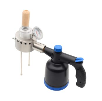 Edelstahl Verdampfer für Bienenbehandlung mit Gaskartuschen Aufnahme zur Anwendung im Flugloch inklusive Thermometer Holzgriff und Zubehör für schnelle und effiziente Behandlung von Bienenstöcken.