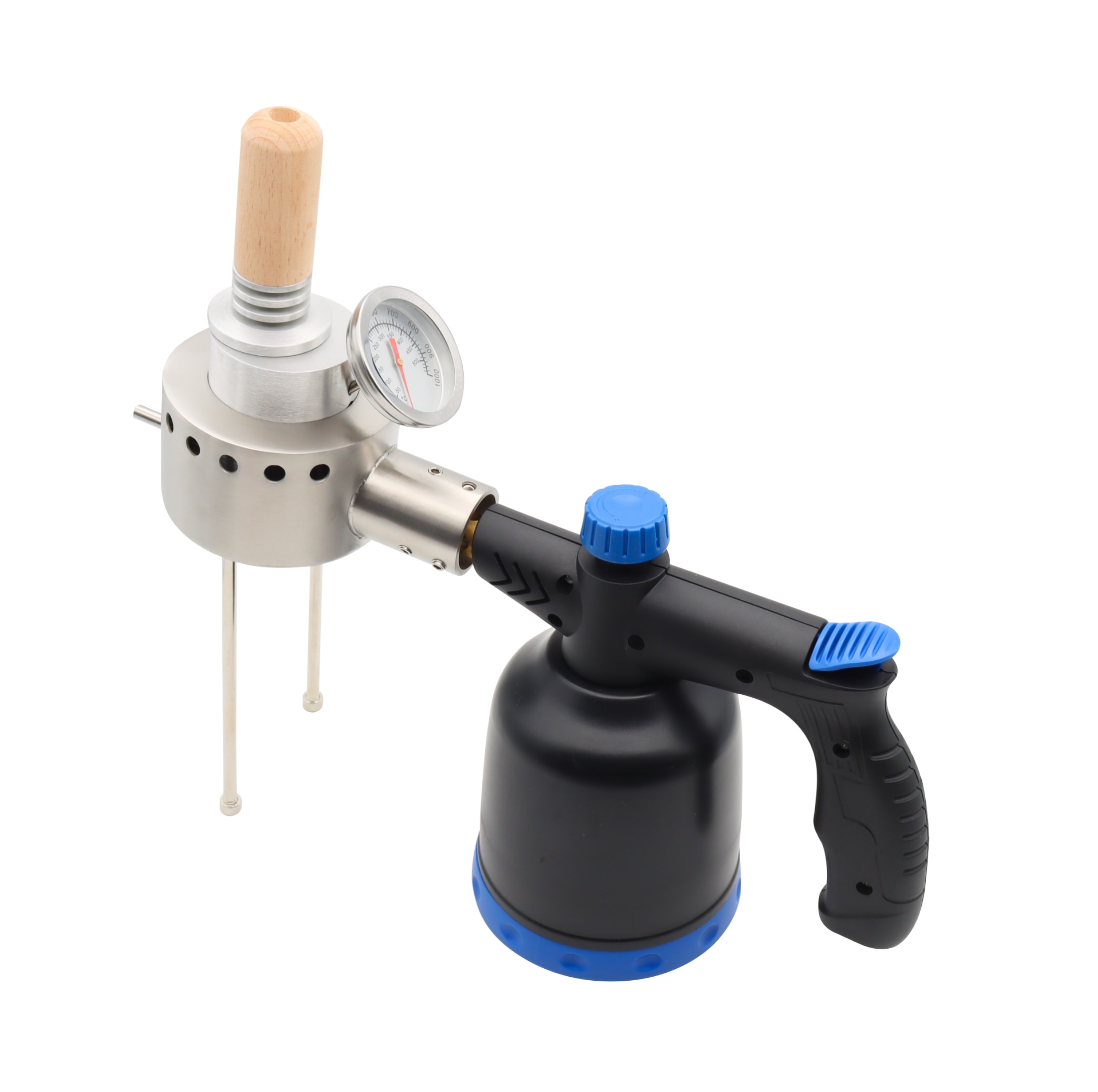 Edelstahl Verdampfer für Bienenbehandlung mit Gaskartuschen Aufnahme zur Anwendung im Flugloch inklusive Thermometer Holzgriff und Zubehör für schnelle und effiziente Behandlung von Bienenstöcken.