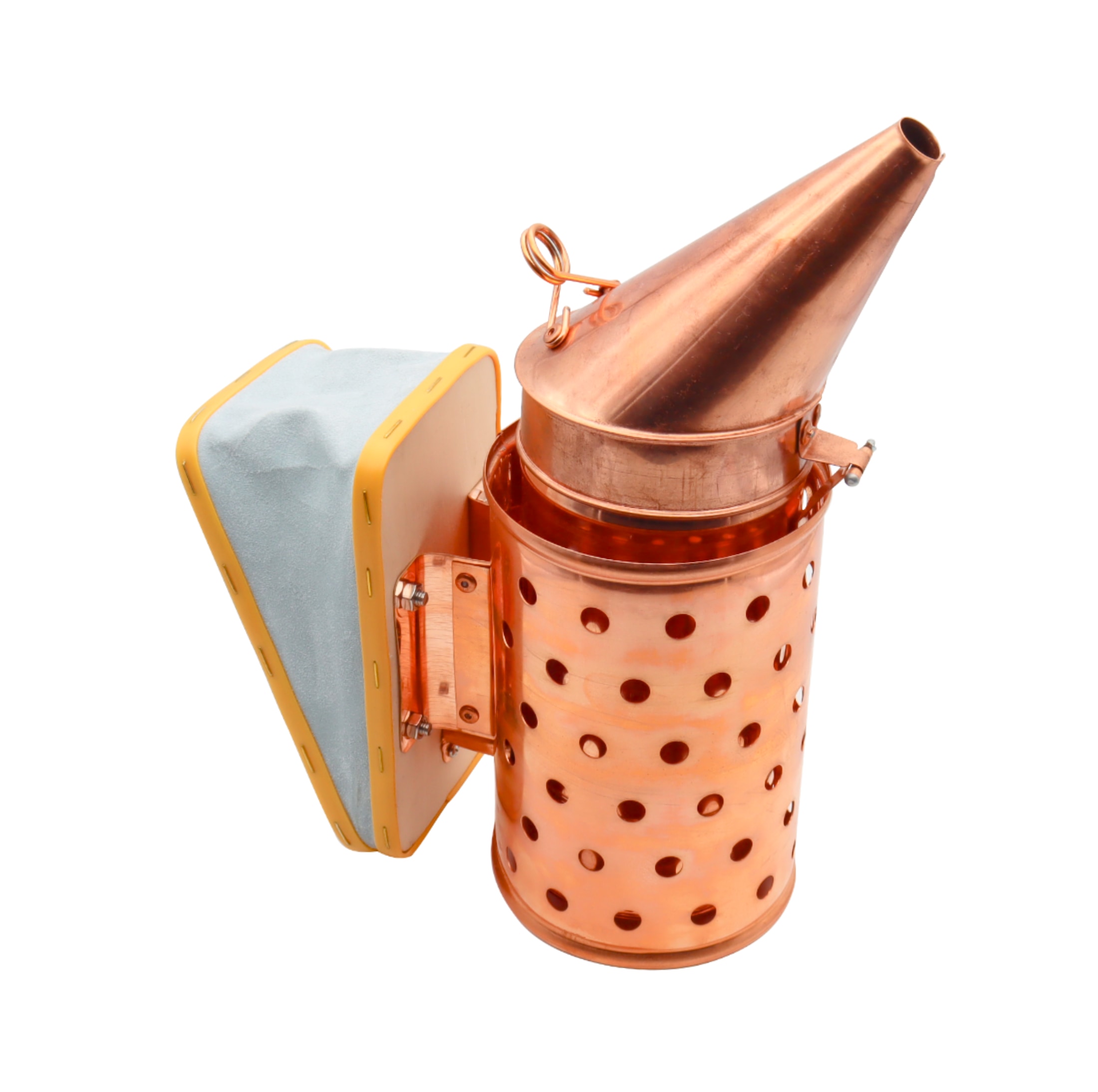 Hochwertiger Smoker Premium aus rostfreiem Kupfer mit Echtleder-Blasebalg – robuste Verarbeitung, zuverlässige Rauchentwicklung und ideale Wahl für professionelle Imker und anspruchsvolle Bienenhaltung.