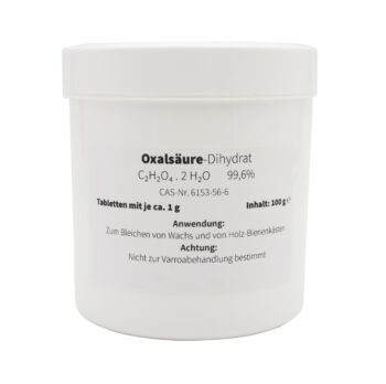 Oxalsäure Dihydrat Tabletten zur Reinigung in der Imkerei. Ideal zum Bleichen von Wachs und zur gründlichen Reinigung von Holzbienenkästen. Entfernt effektiv Flecken und Verfärbungen und sorgt für ein sauberes, natürliches Erscheinungsbild Ihrer Beuten. Praktischer 100 g Eimer für eine einfache Anwendung. Nicht zur Varroabehandlung geeignet.