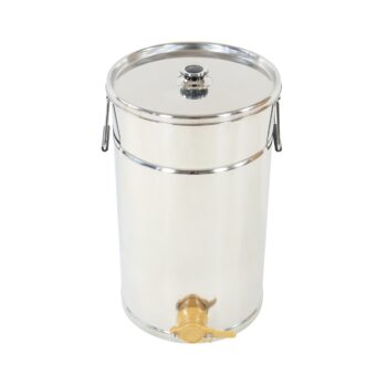 Hochwertiger Edelstahl-Honigbehälter 50 kg mit Silikondichtung und Imgut Kunststoff-Quetschhahn für tropffreies Abfüllen. Maße ca. 52 cm Höhe, Ø innen 30,5 cm, nur 3,5 kg Gewicht. Ideal für Imker, einfach zu reinigen, robust und platzsparend. Perfekt für kleine und mittlere Imkereien.