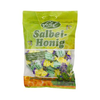 Salbei-Honig-Bonbons 90 g von Edel mit echtem Salbeiblättertee und natürlichem Salbeiextrakt, wohltuend für Hals und Rachen, milder Salbei-Geschmack kombiniert mit feinem Honig, praktische Packung für unterwegs, natürlicher Genuss und traditionelle Qualität.