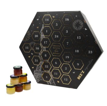 Honig Adventskalender: Eleganter französischer Honig Adventskalender mit 24 Genussüberraschungen, 16 Honigsorten und feinen Spezialitäten als Weihnachtsgeschenk für Honigliebhaber.