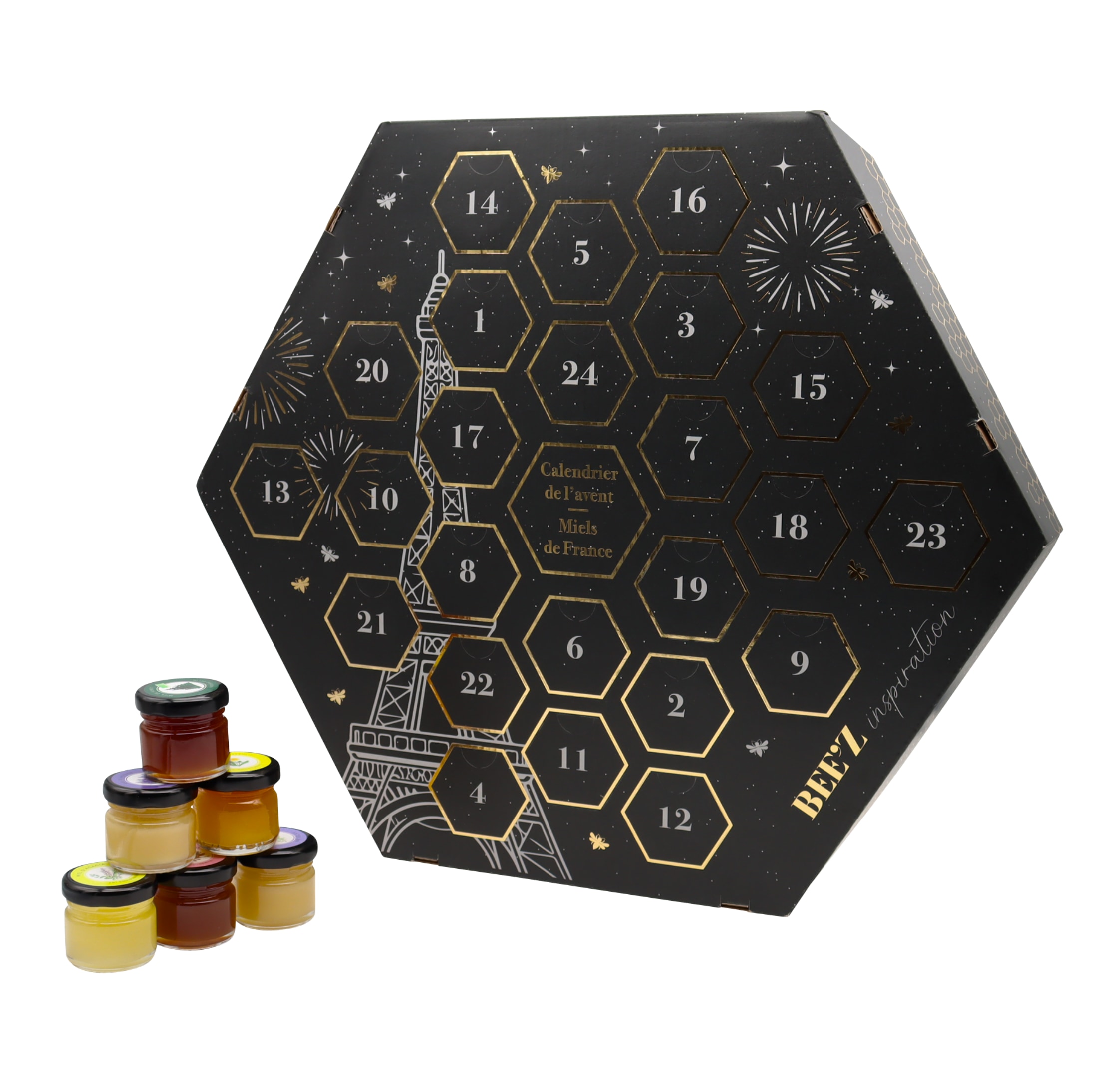 Honig Adventskalender: Eleganter französischer Honig Adventskalender mit 24 Genussüberraschungen, 16 Honigsorten und feinen Spezialitäten als Weihnachtsgeschenk für Honigliebhaber.