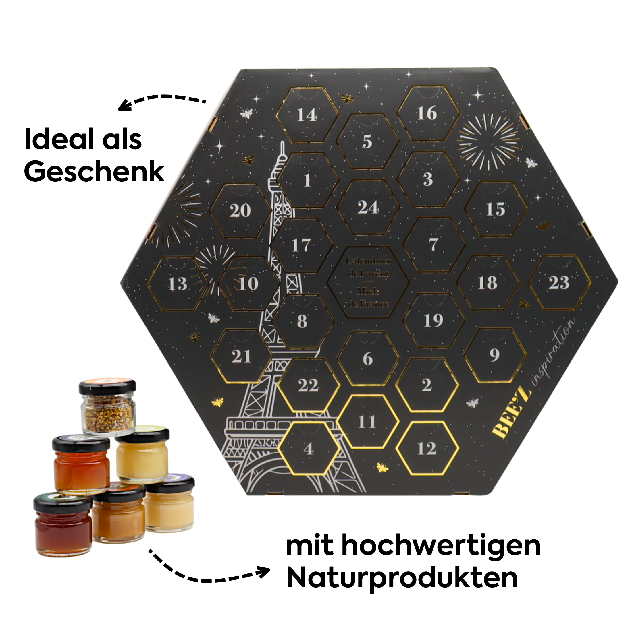 Honig Adventskalender: Eleganter französischer Honig Adventskalender mit 24 Genussüberraschungen, 16 Honigsorten und feinen Spezialitäten als Weihnachtsgeschenk für Honigliebhaber.