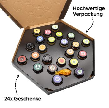 Honig Adventskalender: Eleganter französischer Honig Adventskalender mit 24 Genussüberraschungen, 16 Honigsorten und feinen Spezialitäten als Weihnachtsgeschenk für Honigliebhaber.