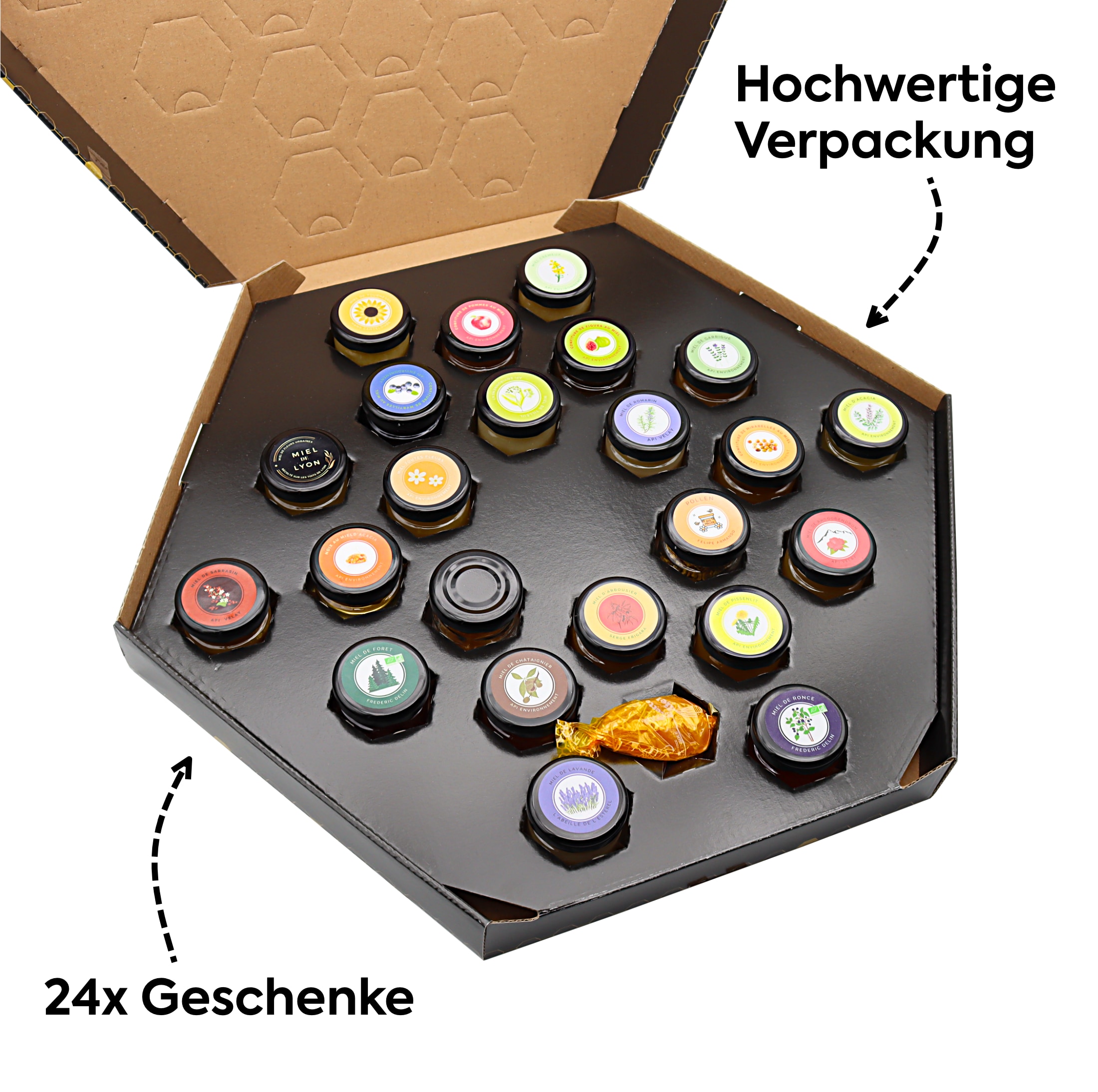 Honig Adventskalender: Eleganter französischer Honig Adventskalender mit 24 Genussüberraschungen, 16 Honigsorten und feinen Spezialitäten als Weihnachtsgeschenk für Honigliebhaber.