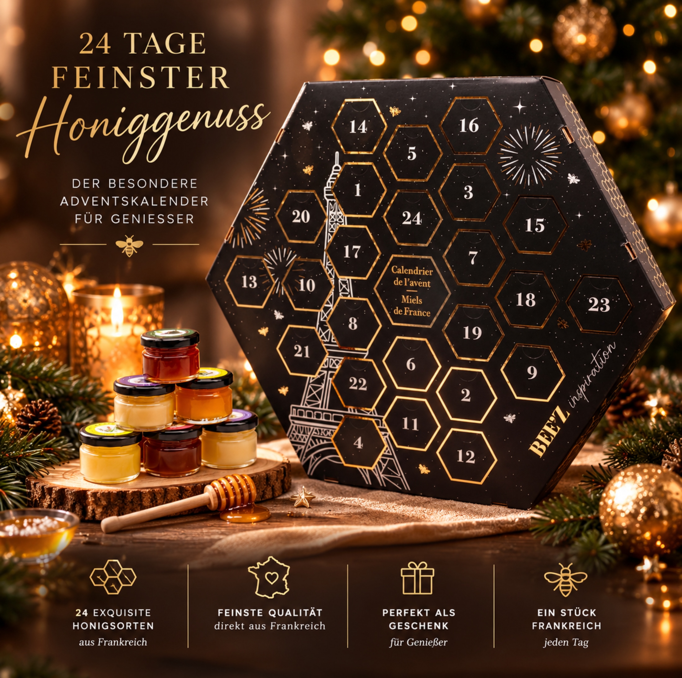 Honig Adventskalender: Eleganter französischer Honig Adventskalender mit 24 Genussüberraschungen, 16 Honigsorten und feinen Spezialitäten als Weihnachtsgeschenk für Honigliebhaber.